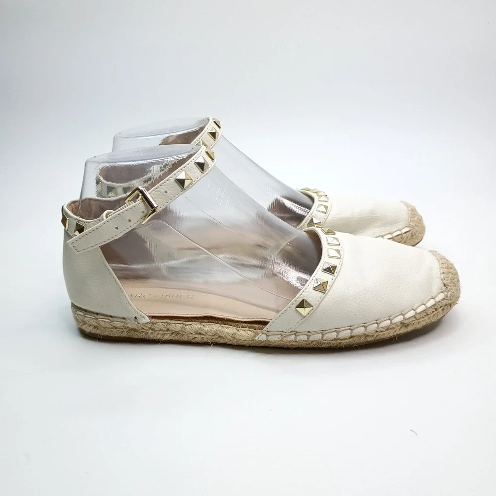 Marc Fisher Womens 7.5 M White Studded Espadrille Flats Ankle Strap Shoe